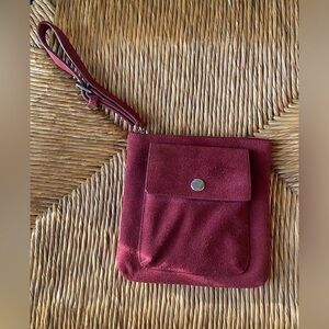 Club Monaco burgundy red Buttery Soft suede Clutch Purse Pouch Bag with handle